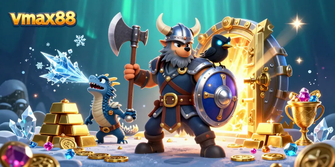 Win big with vmax88 at an exciting online casino featuring a Viking warrior and dragon.
