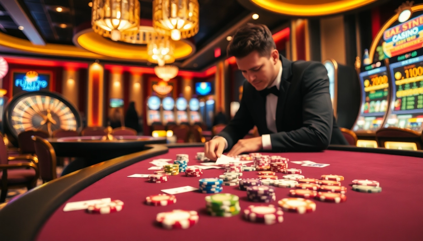 Exciting gambling action at fun79's poker table with vibrant chips and engaging players.