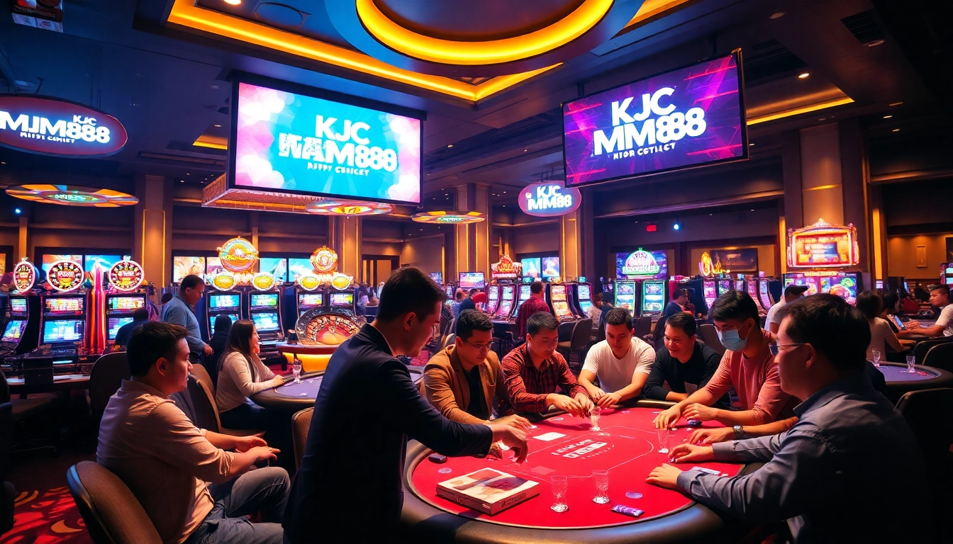 Experience the excitement of KJC MM88 gaming with vibrant casino scenes showcasing thrilling poker and slot action.