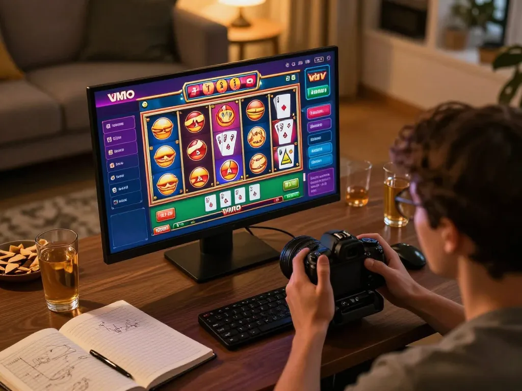Player engaging with rikvip mobile casino app in a cozy gaming environment, showcasing responsible gambling.