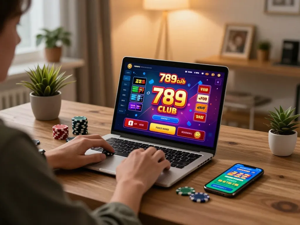 Player engaging in online gaming on the 789club platform with laptop and smartphone close by.