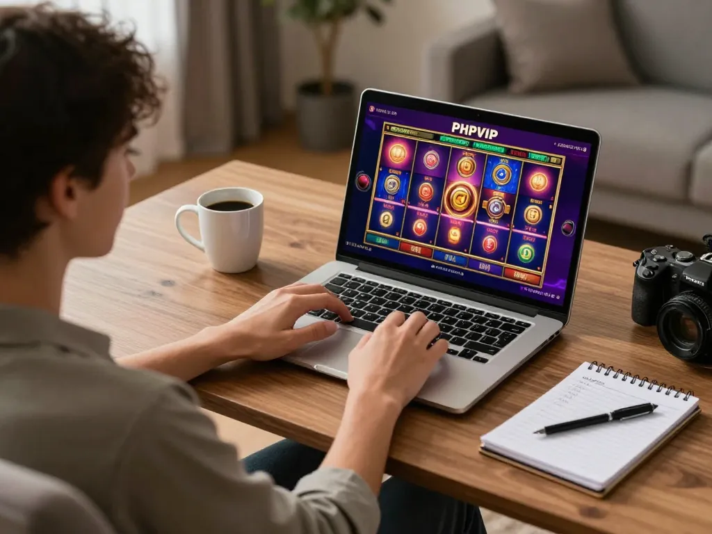 Engaging in a PHPVIP bet session with laptop displaying exciting slot games and strategic notes in a cozy home office.