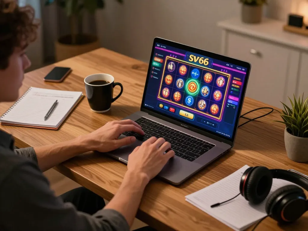 Player enjoying sv66 online casino slots on their laptop in a cozy home setup.