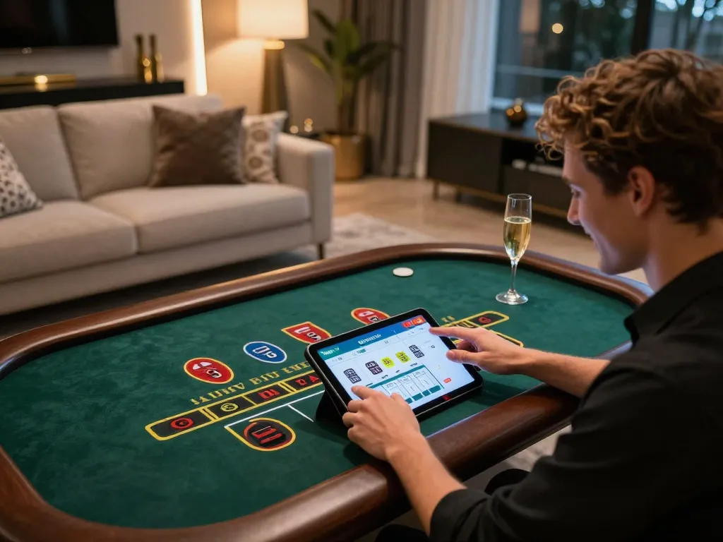 Player enjoying live baccarat online at SC88 in stylish living room, emphasizing luxury gaming experience