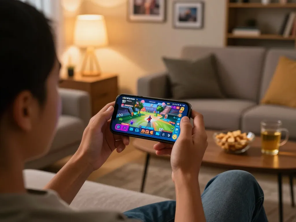 B52Club player enjoying a vibrant online gaming experience on smartphone, immersed in thrilling gameplay.