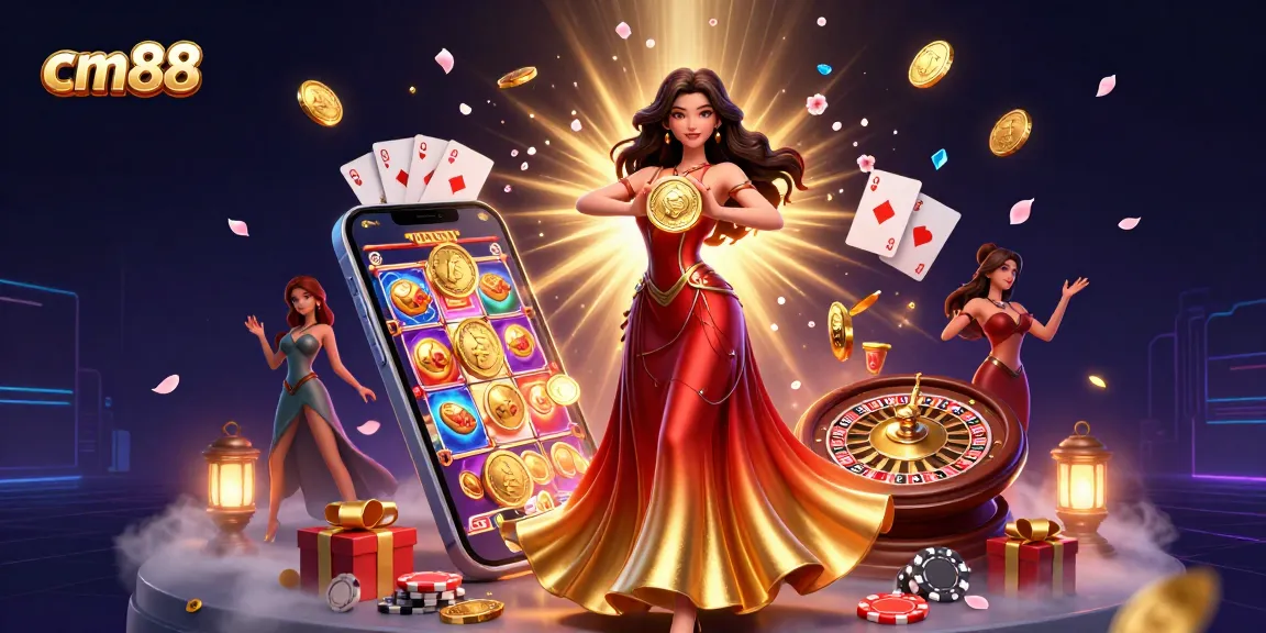 Experience the thrill of cm88 with golden coins and vibrant slot games in a captivating promotional illustration.