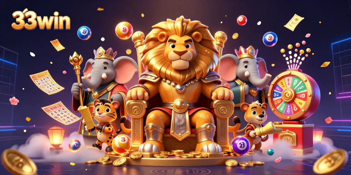 Engaging illustration highlighting 33win's exciting lottery elements and majestic characters