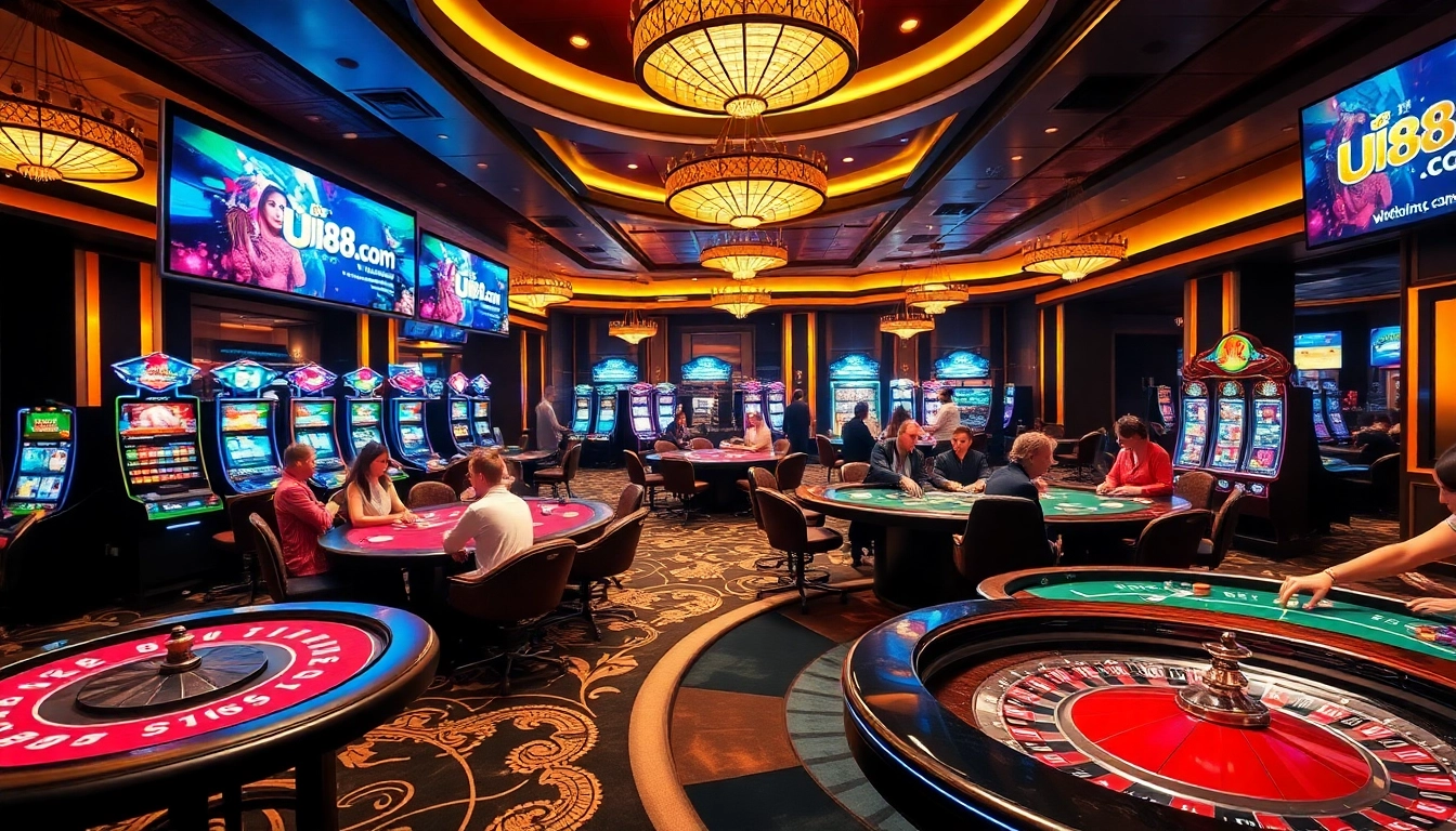 Players enjoying thrilling games at UU88.com casino surrounded by vibrant slot machines and poker tables.