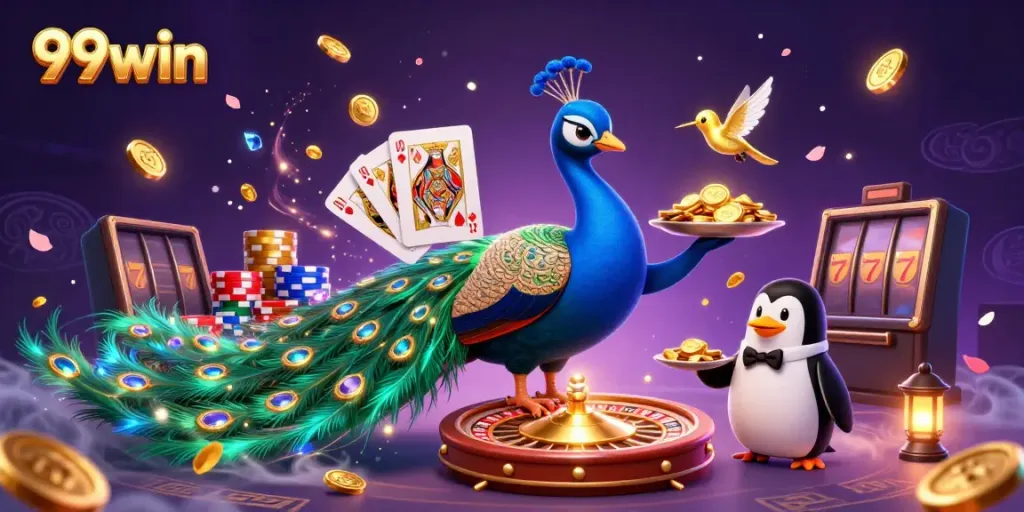 Experience thrilling casino action with 99win’s vibrant casino illustration featuring a peacock and golden chips.