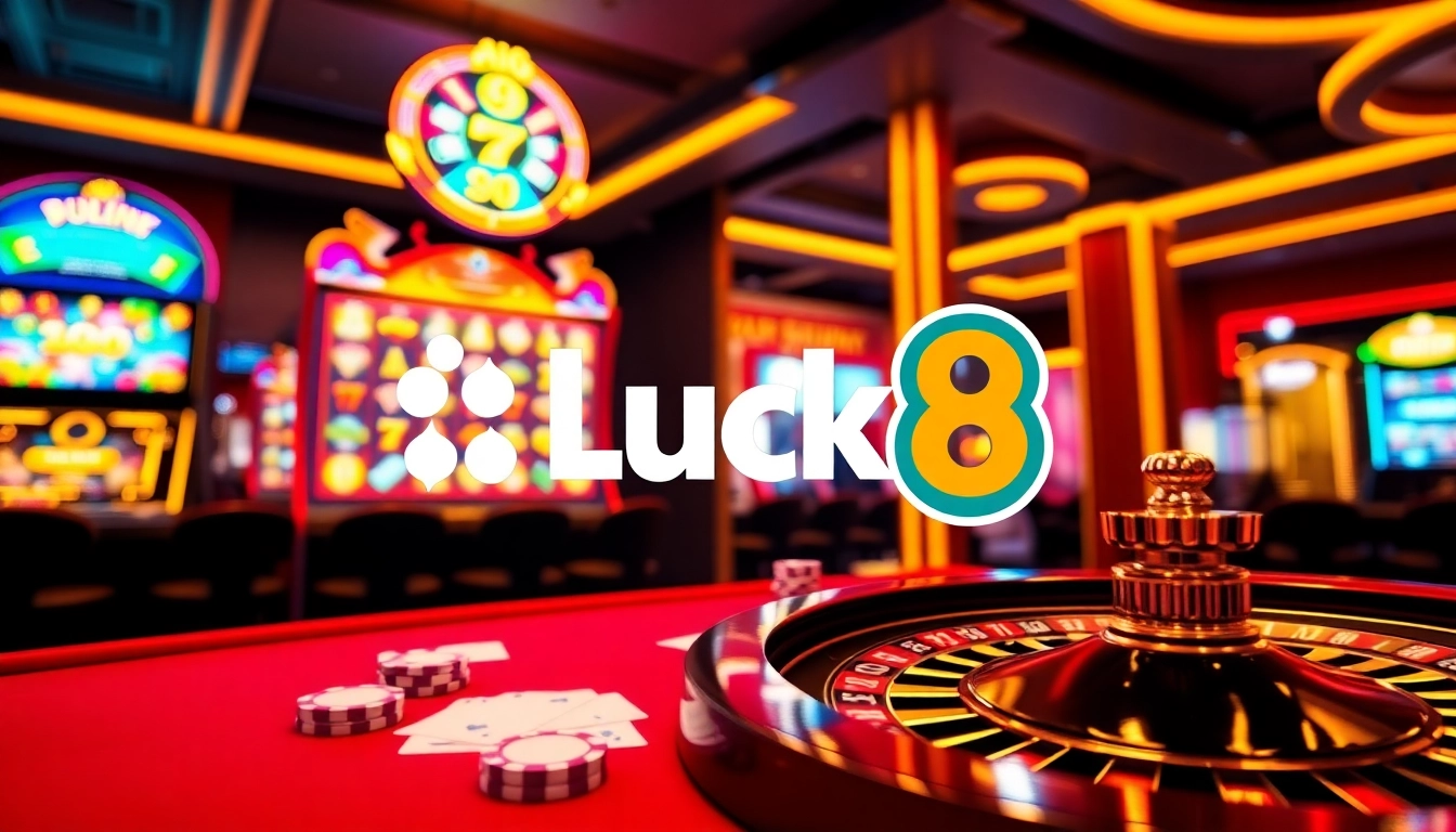 Experience the excitement of Luck8 casino with vibrant poker chips and a roulette wheel.