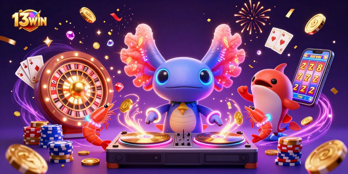 Join the excitement of 13WIN as neon gaming characters celebrate with dazzling casino elements.