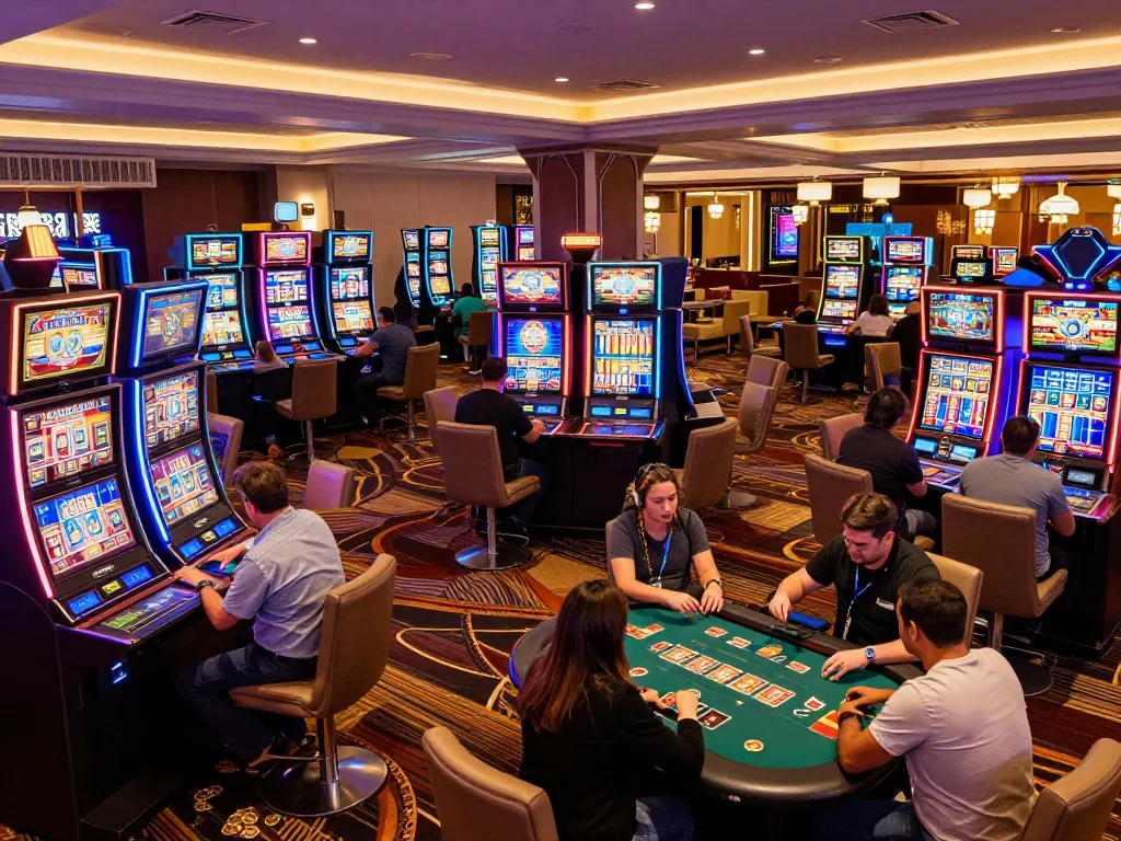 Players enjoying vibrant slot machines at luck8 casino, captured in an exciting gaming atmosphere.