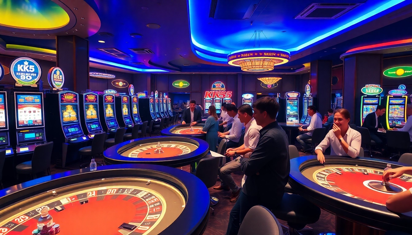 KK55 gaming lounge with excited players at slot machines and roulette tables.