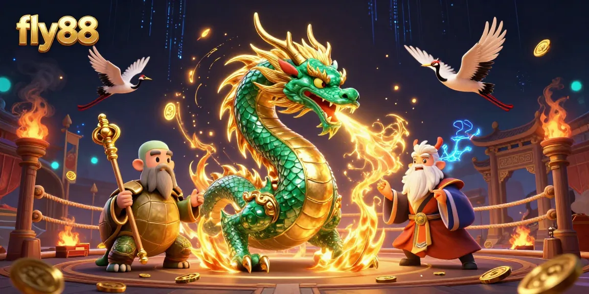 Fly88 captures excitement with a dragon and lucky cranes in a vibrant casino scene.