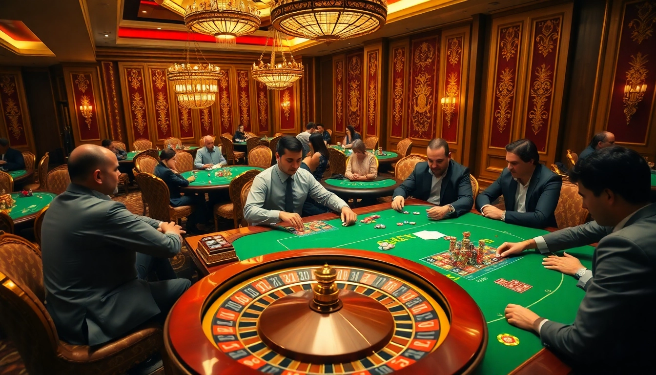 Players strategizing at lu88bb.com-themed poker tables in a luxurious casino atmosphere.