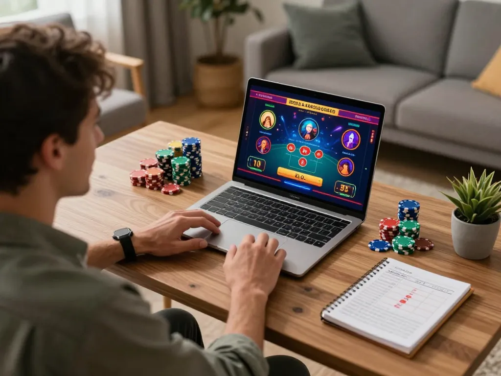 Player enjoying live dealer casino games on laptop, showcasing gi8's engaging features and betting strategies.