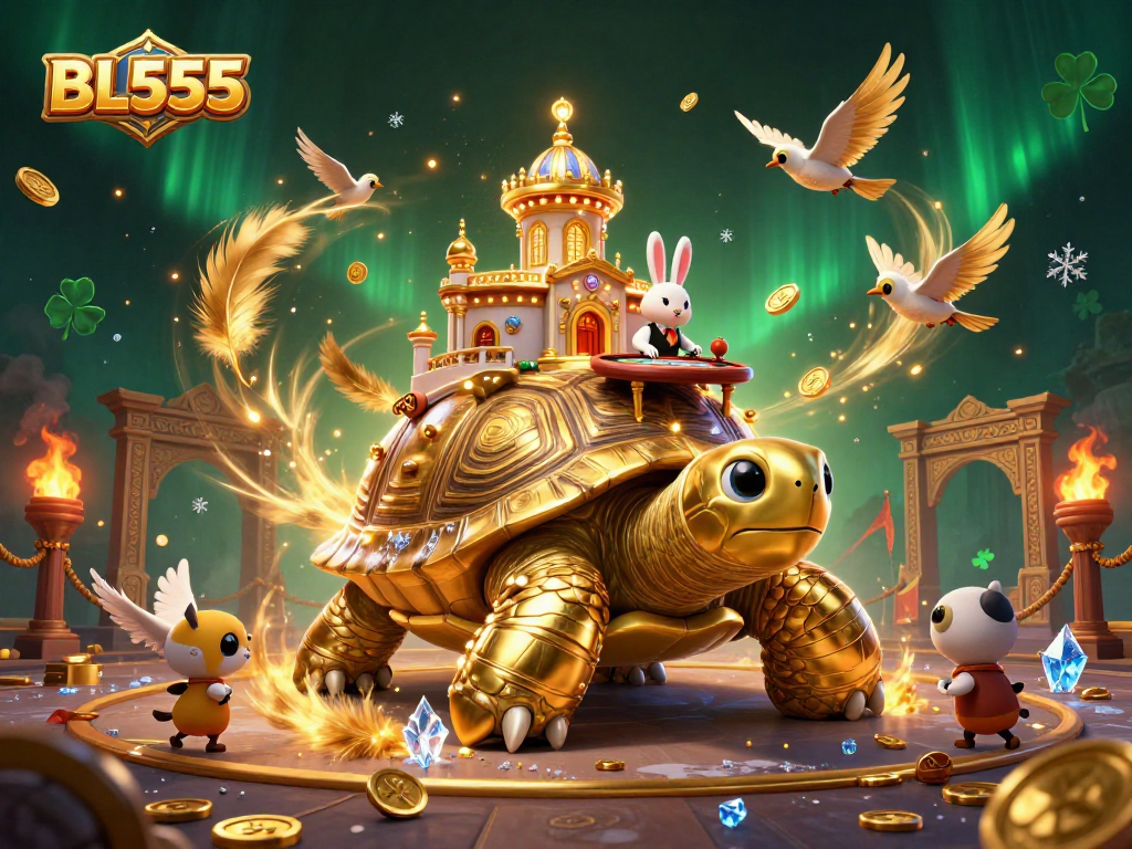 Experience the excitement of BL555 with a vibrant casino scene featuring a golden tortoise, rabbit dealer, and flying coins.