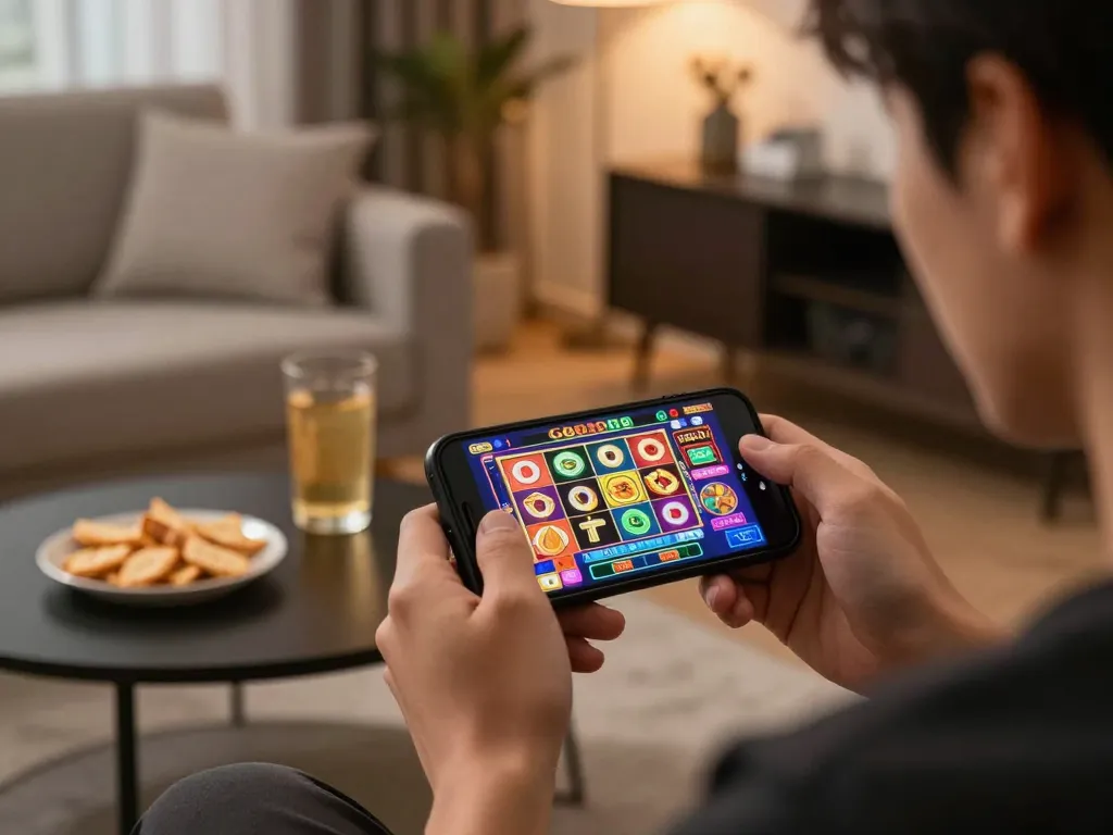 Engaged player experiencing the excitement of GG88 online slots on a smartphone in a cozy home setting.