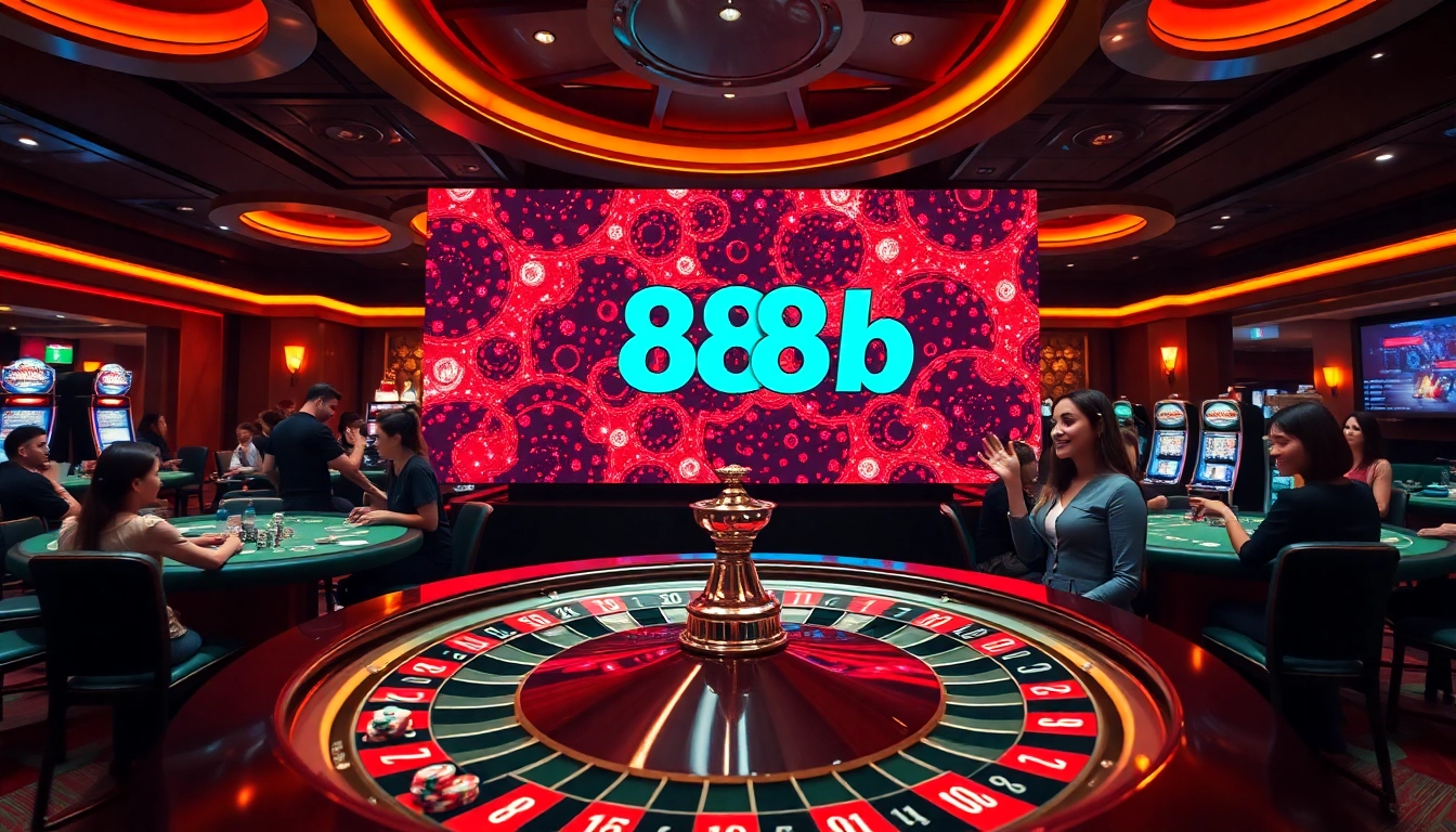 Players celebrating their wins at the casino displaying 888b on a vibrant digital screen, showcasing excitement and luxury.