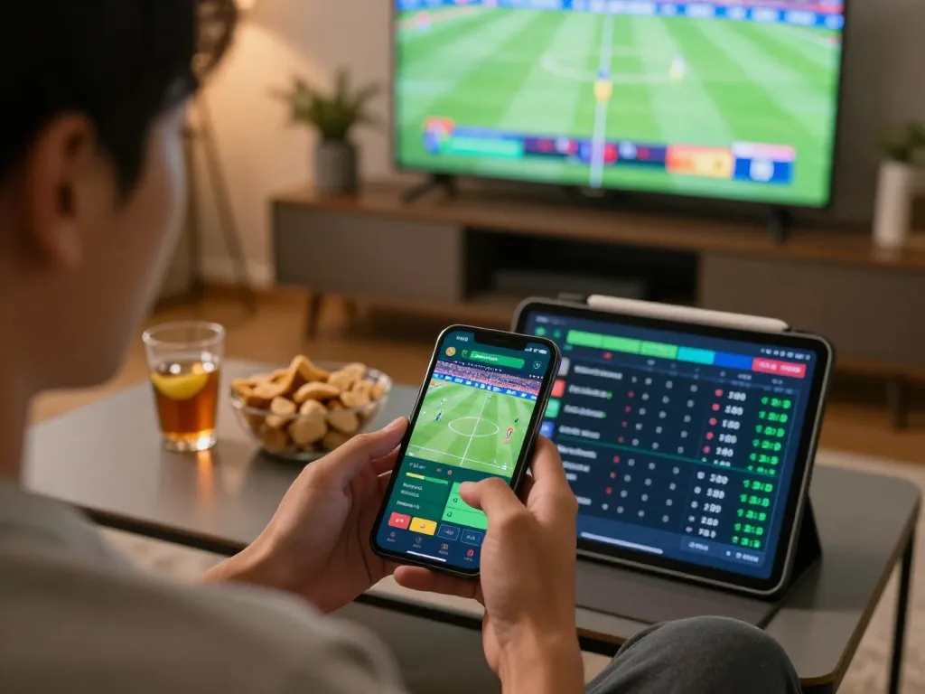 Person engaging in keo nha cai hom nay using smartphone to place live sports bets in cozy home setting, highlighting mobile betting excitement.