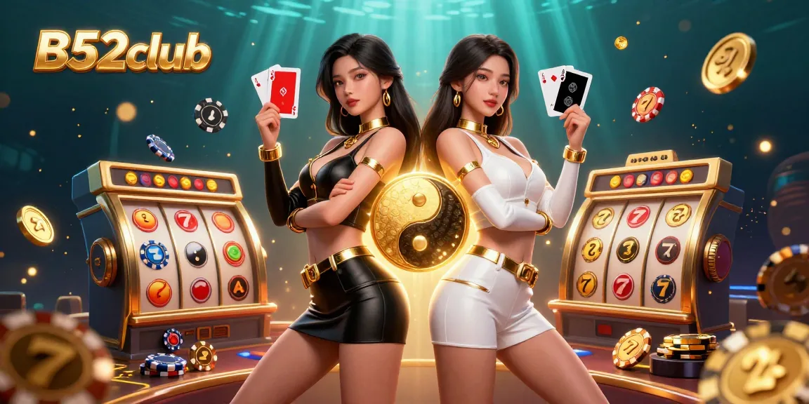 B52club presents stunning twin Asian women showcasing casino games, engaging in card action.