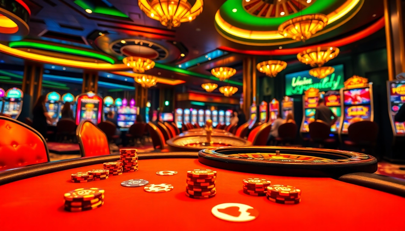 Players enjoying high-stakes games at XXGG casino, featuring vibrant poker tables and slot machines.