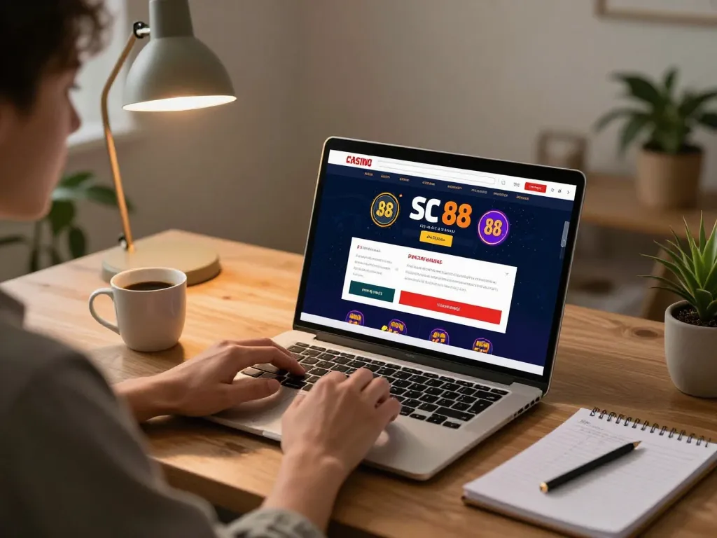 Player enjoying SC 88 casino games on a laptop while tracking bets with notes.