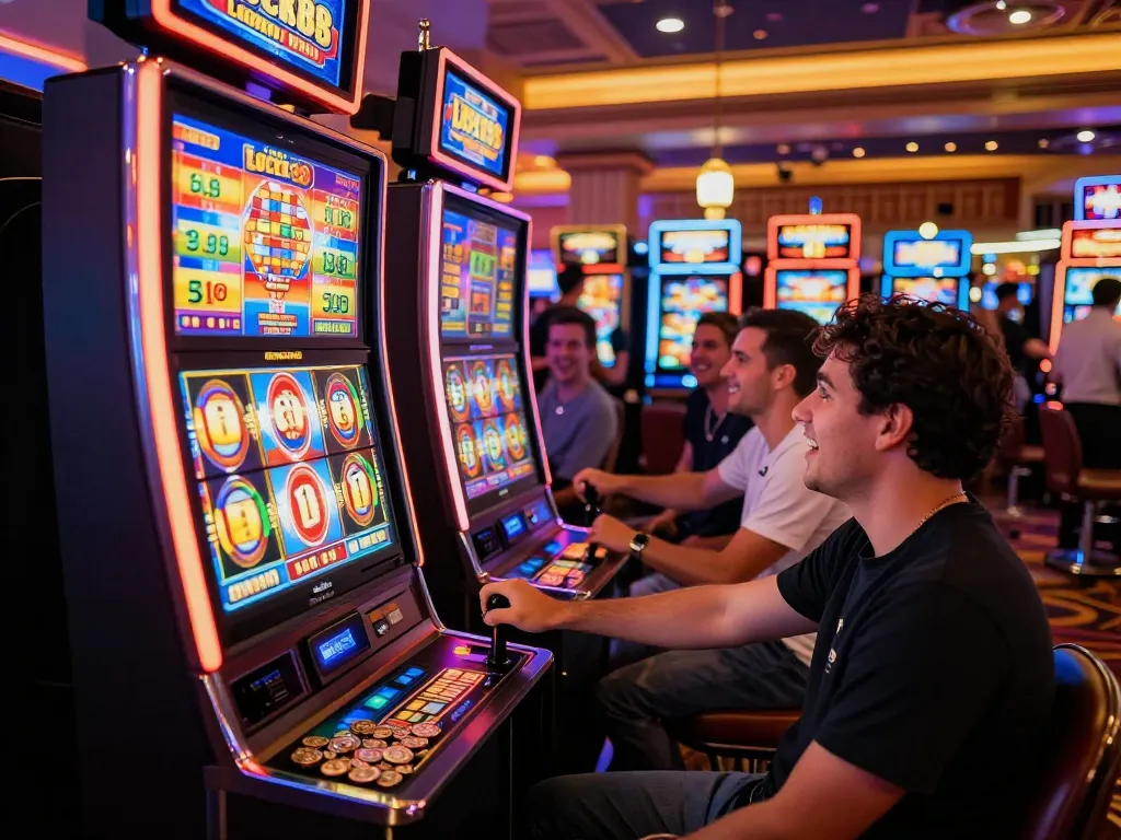Player enjoying the lucky88 slot machine amidst a lively casino atmosphere with vibrant lights and excitement.
