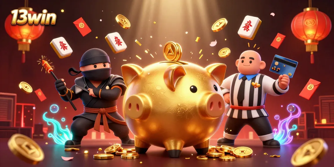 Experience the excitement of 13win with dynamic characters and rich casino elements in a 3D illustration.