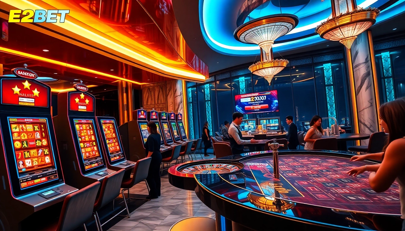 A captivating scene of online gambling at https://e2bet-games.org, showcasing vibrant games and enthusiastic players.