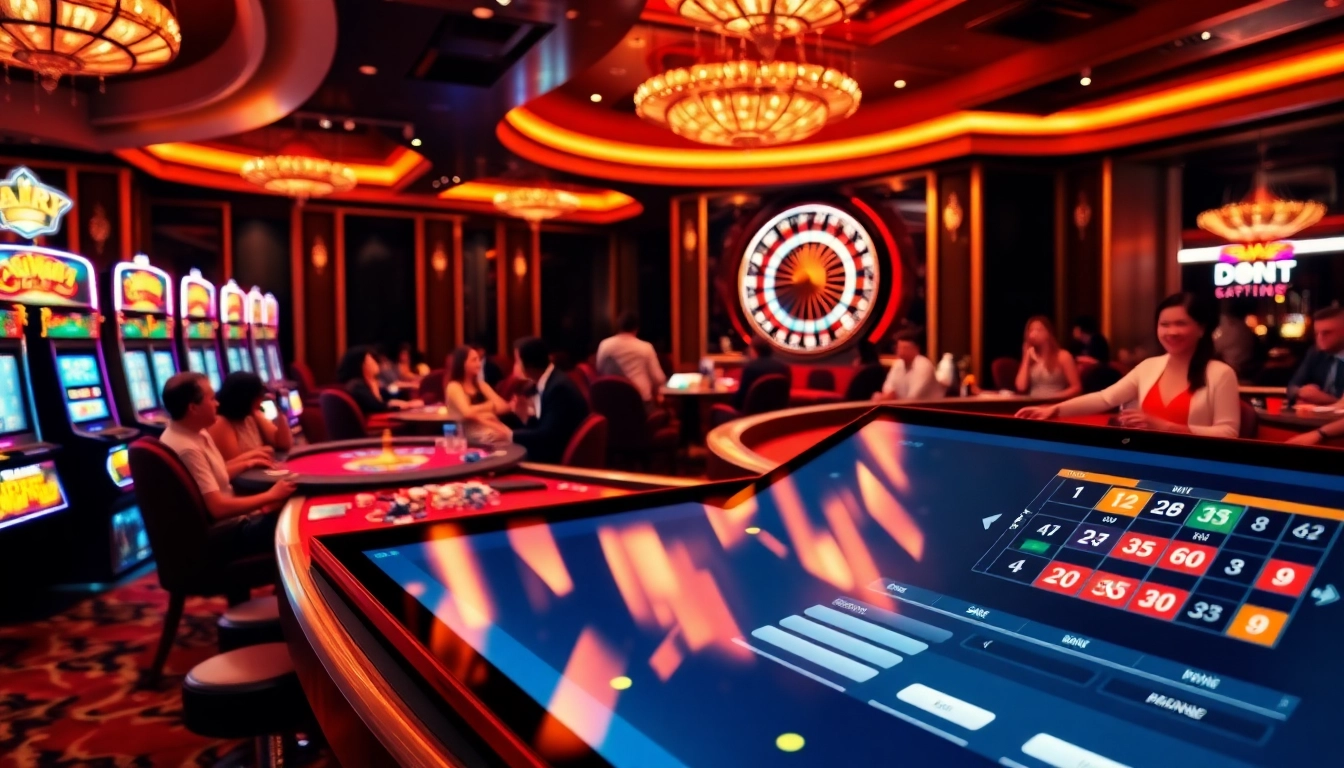 Engaged gamblers enjoying games at a luxurious casino inspired by https://lodetructuyen.us/ with vibrant slot machines and roulette.