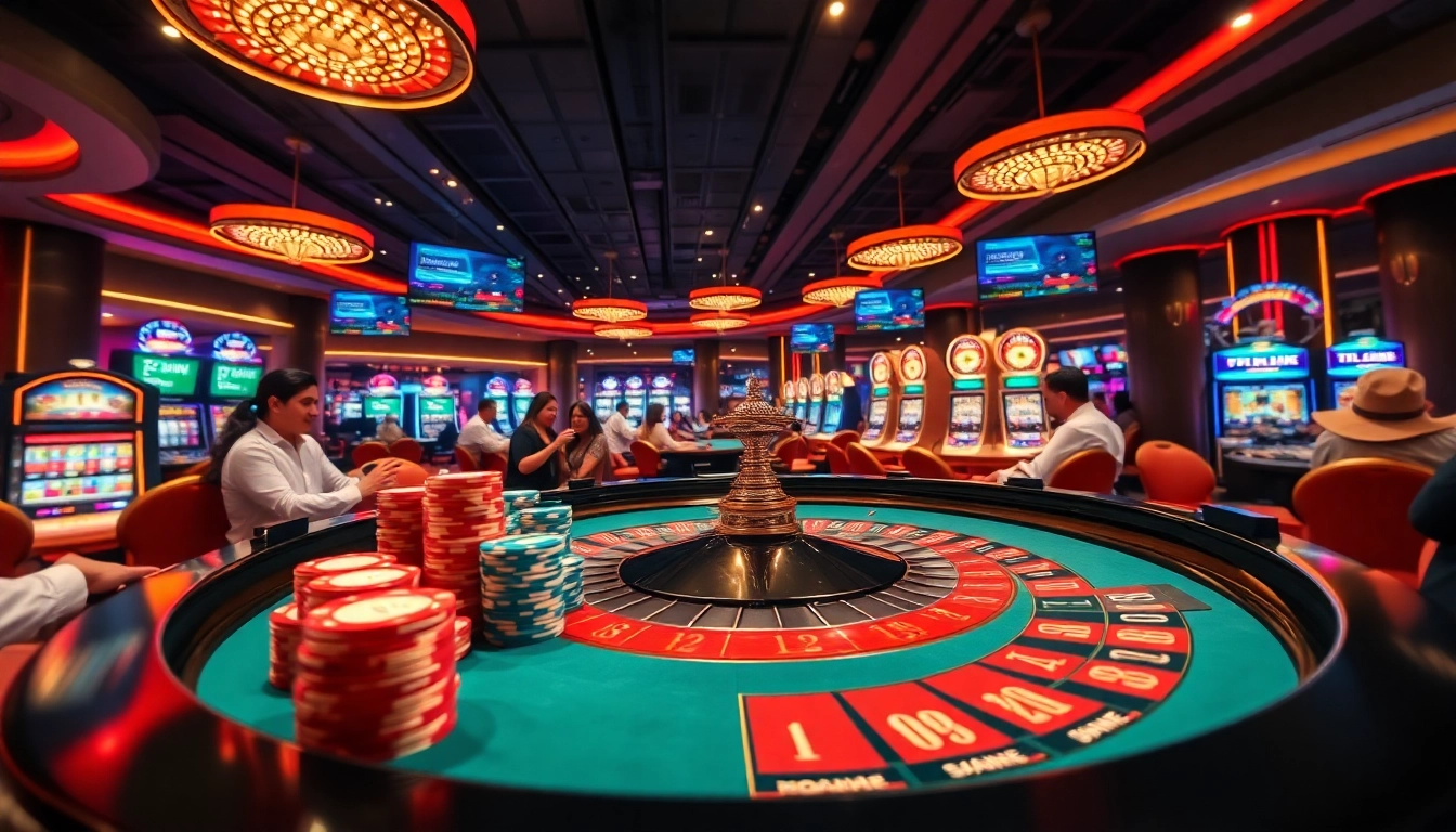 Experience the excitement of gambling at http://678vip.xyz/ with vibrant casino scenes featuring roulette tables and slot machines.