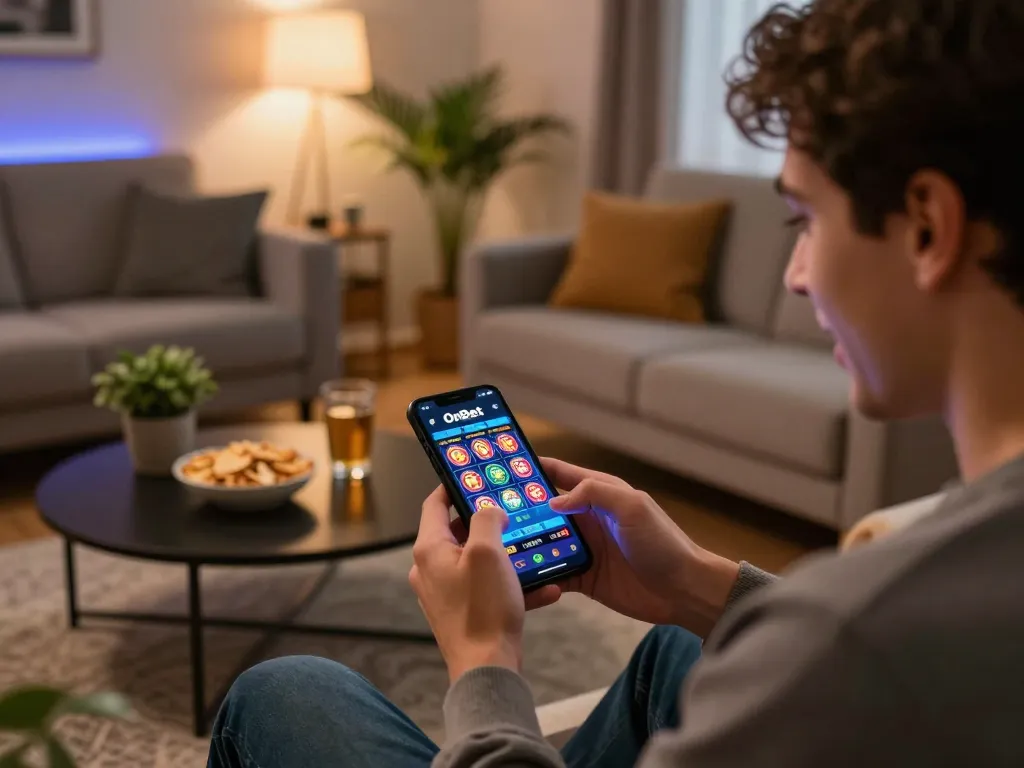 Player enjoying OnBet app for online gambling in a cozy living room setting.
