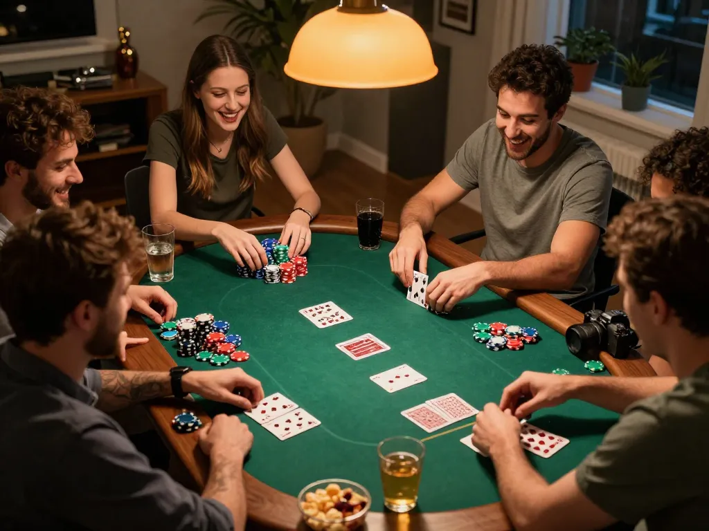 Players engaging in Game bài đổi thưởng at a lively home poker night, showcasing chips and cards in a cozy atmosphere.
