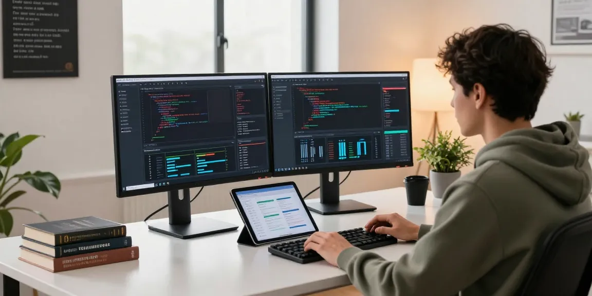 Software developer working with IDXSTAR software in a modern office with dual monitors and coding dashboard.