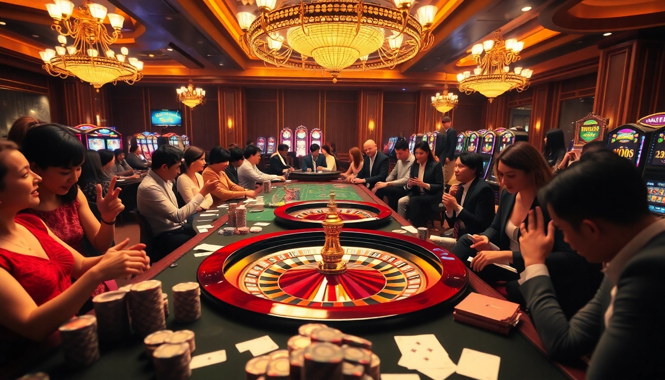 Exciting casino atmosphere with players engaging in games at https://bem88.com, featuring poker chips and roulette.