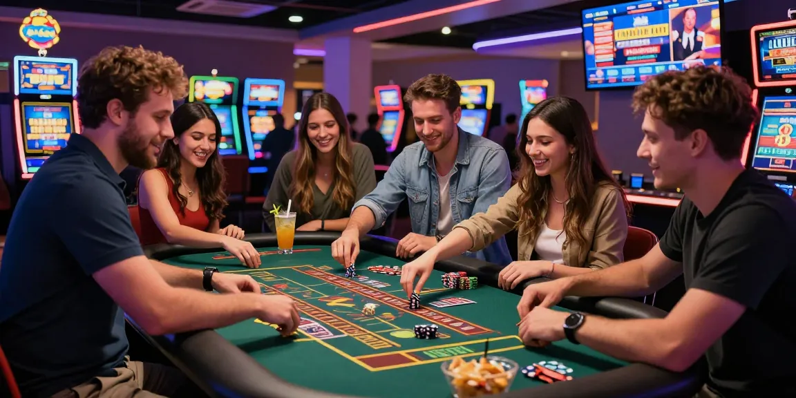 Engaging scene at casinos not on gamstop with players enjoying slots and roulette amidst vibrant neon lights.