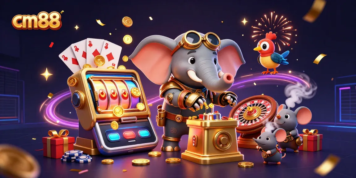 Engage with cm88's thrilling slot games as a steampunk elephant operates a golden machine amid celebration.