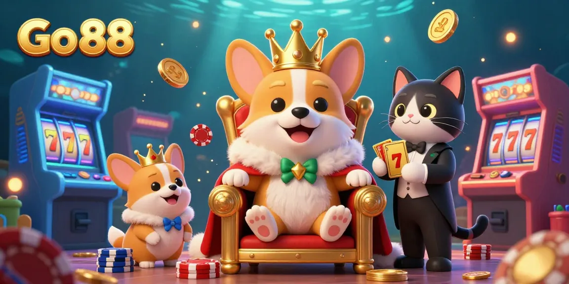 Experience thrilling gameplay with Go 88 as corgis play among vibrant casino elements.