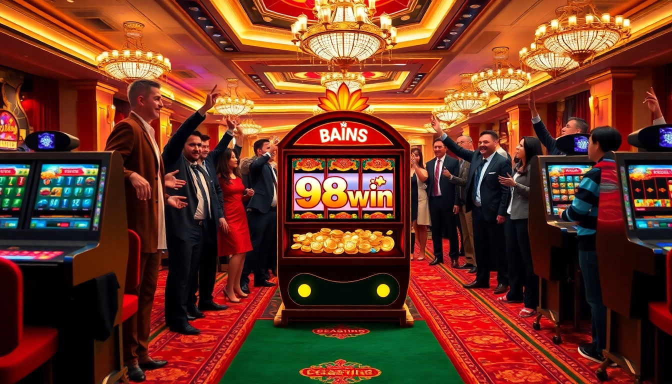 Players celebrating wins at 98win nổ hũ slot machines in a luxurious casino.