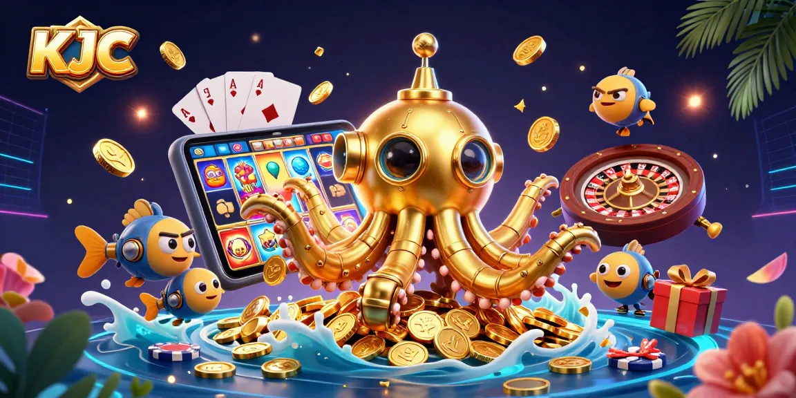 KJC reveals a dazzling scene with the golden kraken submarine amidst a burst of colorful slot game excitement.