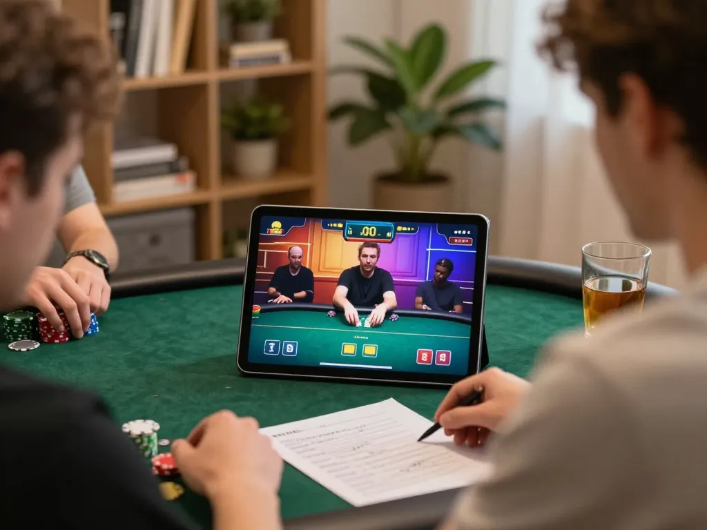 Engaged player strategizing in an online poker game on go999 tablet, cozy home setting.