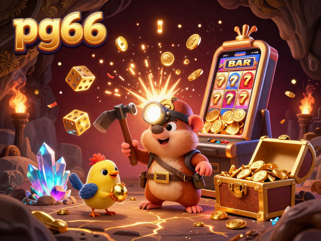 Win big with pg66 at this vibrant casino scene showcasing a treasure hunter mole and exciting games.