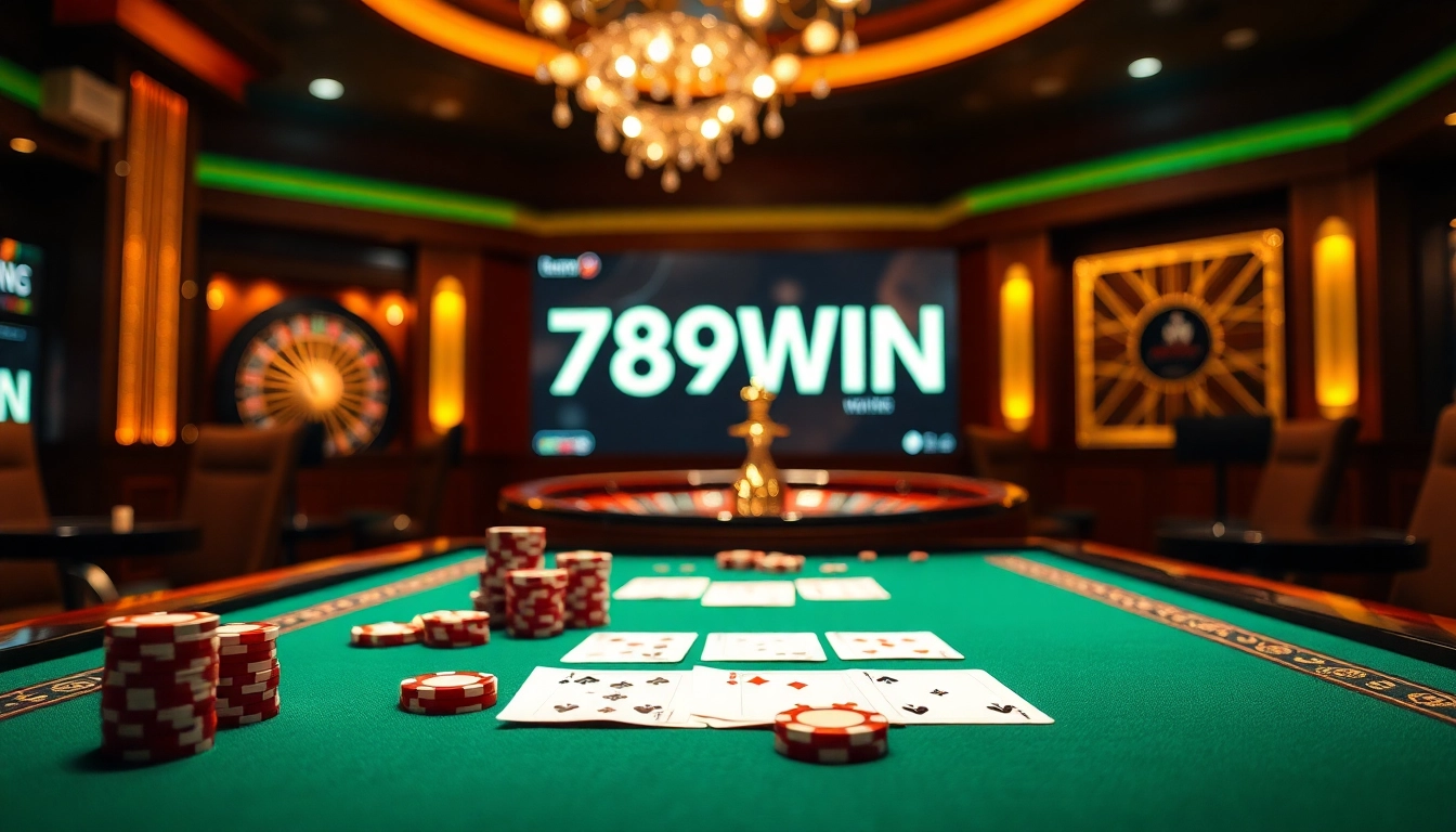 Experience the thrill of gambling with 789WIN at an elegant casino table filled with chips and cards.