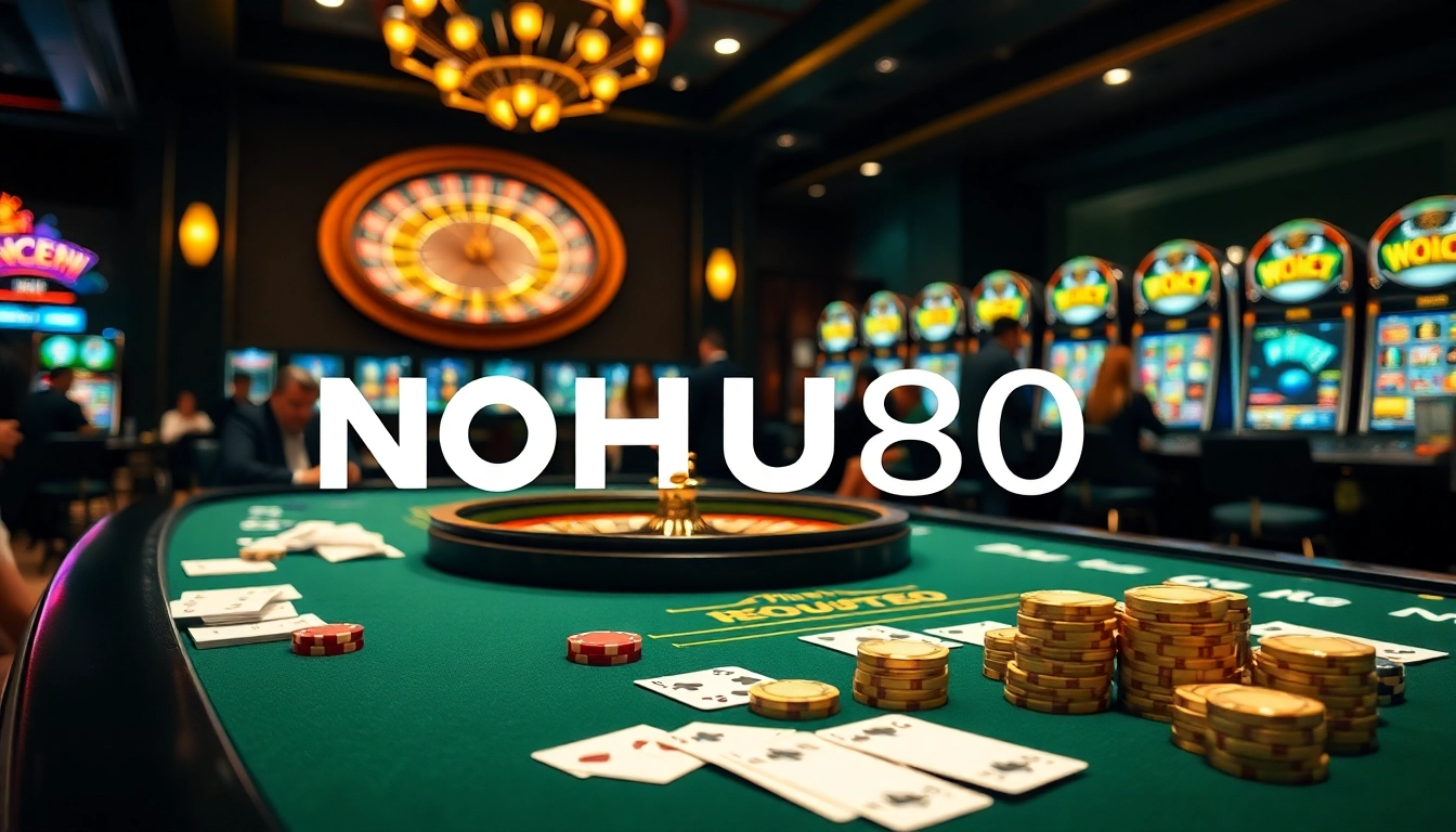 NOHU90 casino table scene showcasing poker chips and a roulette wheel in an upscale setting.