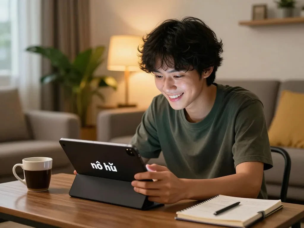 Engaging in nổ hũ gameplay on a tablet in a cozy living room atmosphere.