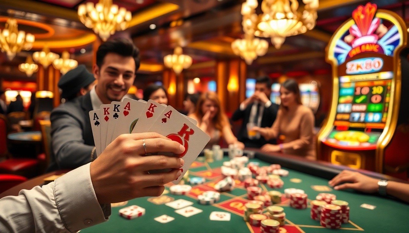 ZK88 Club players enjoying a thrilling casino game with vibrant poker chips and a dealer showcasing cards.