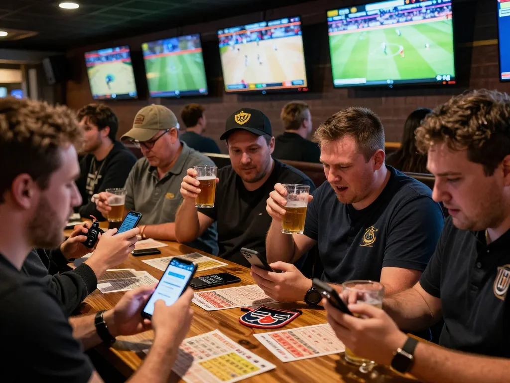 Exciting sports betting atmosphere at a lively sports bar with patrons using their XO88 betting apps.