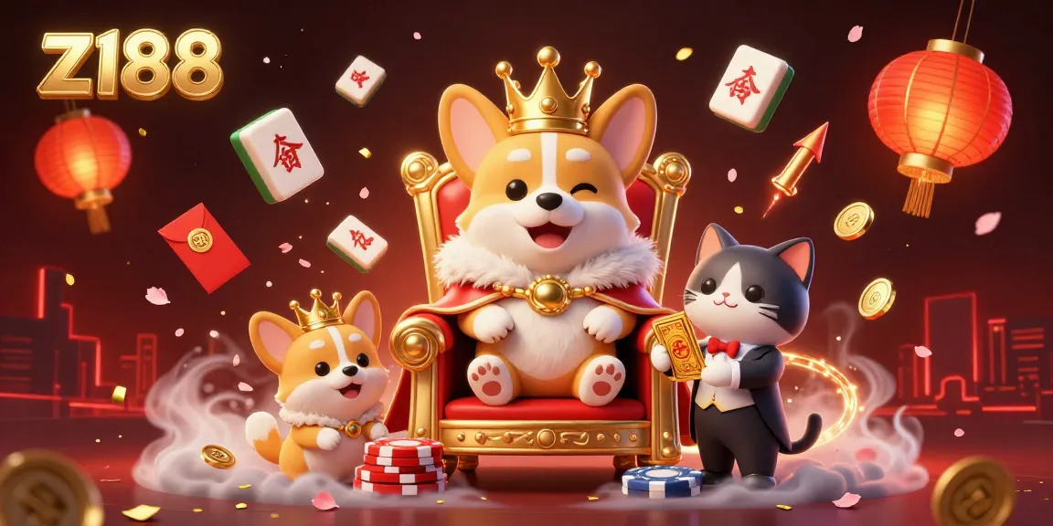 Experience z188 casino thrills with a royal corgi and exotic gaming elements in a vibrant scene.