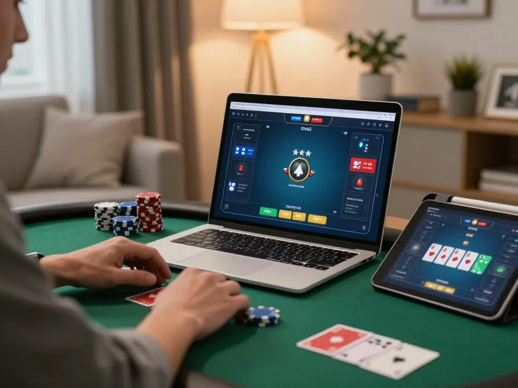 Engaging in online gaming at home, showcasing đăng nhập fun79 on laptop and tablet